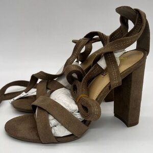 Brash Strappy Heels 6.5 Faux Suede Lace Ribbon Up ankle tie Chunky High Heel